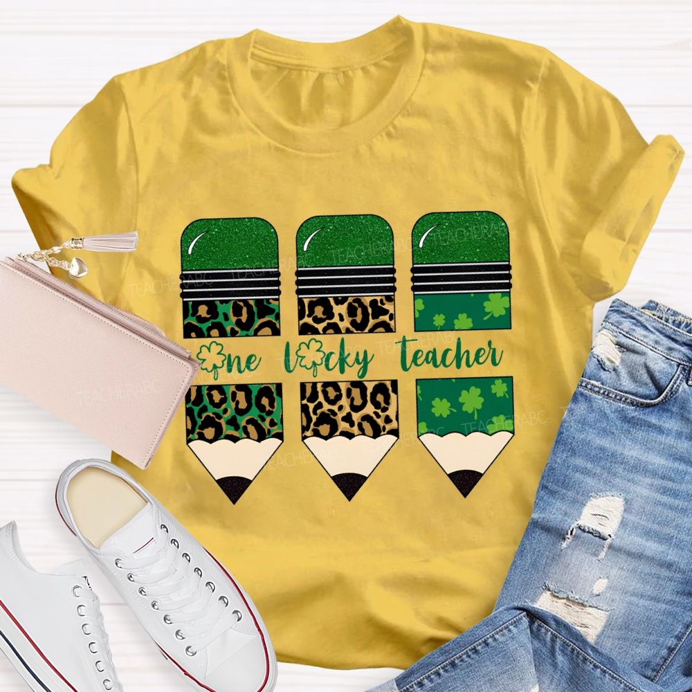 One Lucky Teacher Leopard Print Pencils And Four-Leaf Clover Pencils Teacher T-shirt
