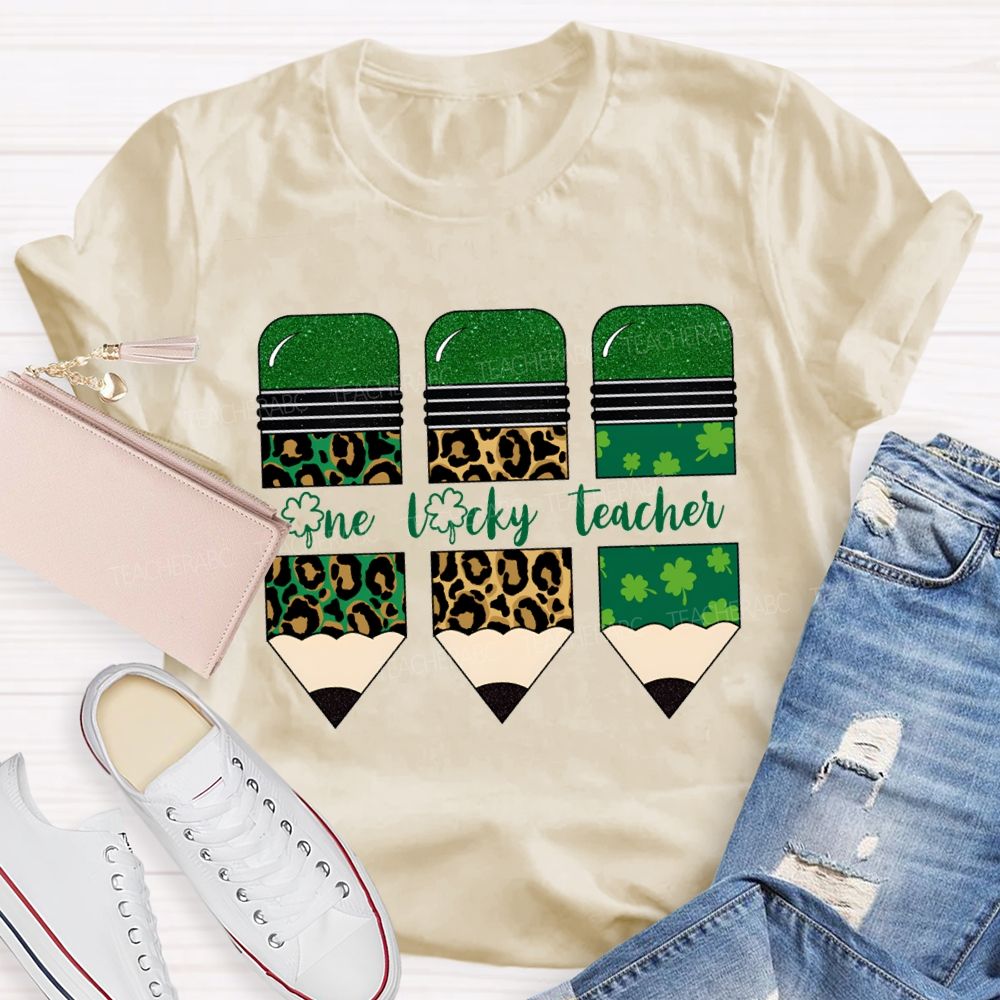 One Lucky Teacher Leopard Print Pencils And Four-Leaf Clover Pencils Teacher T-shirt