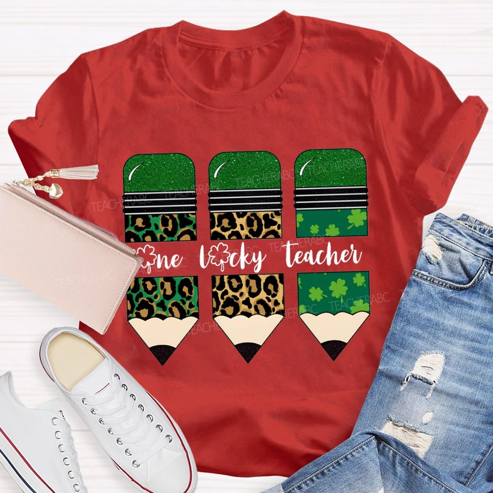 One Lucky Teacher Leopard Print Pencils And Four-Leaf Clover Pencils Teacher T-shirt