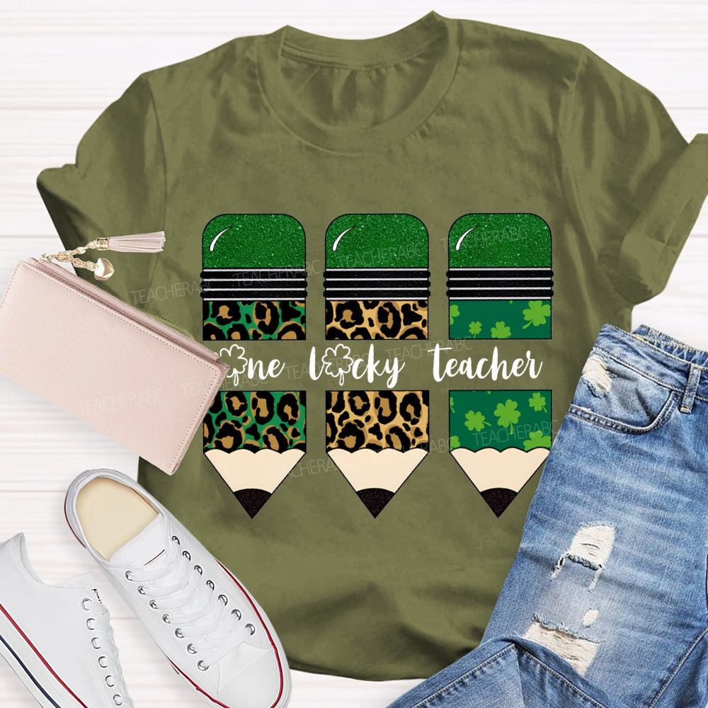 One Lucky Teacher Leopard Print Pencils And Four-Leaf Clover Pencils Teacher T-shirt