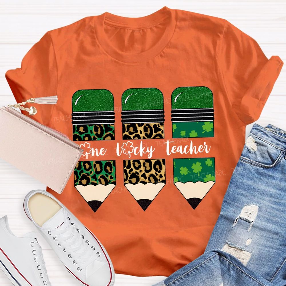 One Lucky Teacher Leopard Print Pencils And Four-Leaf Clover Pencils Teacher T-shirt