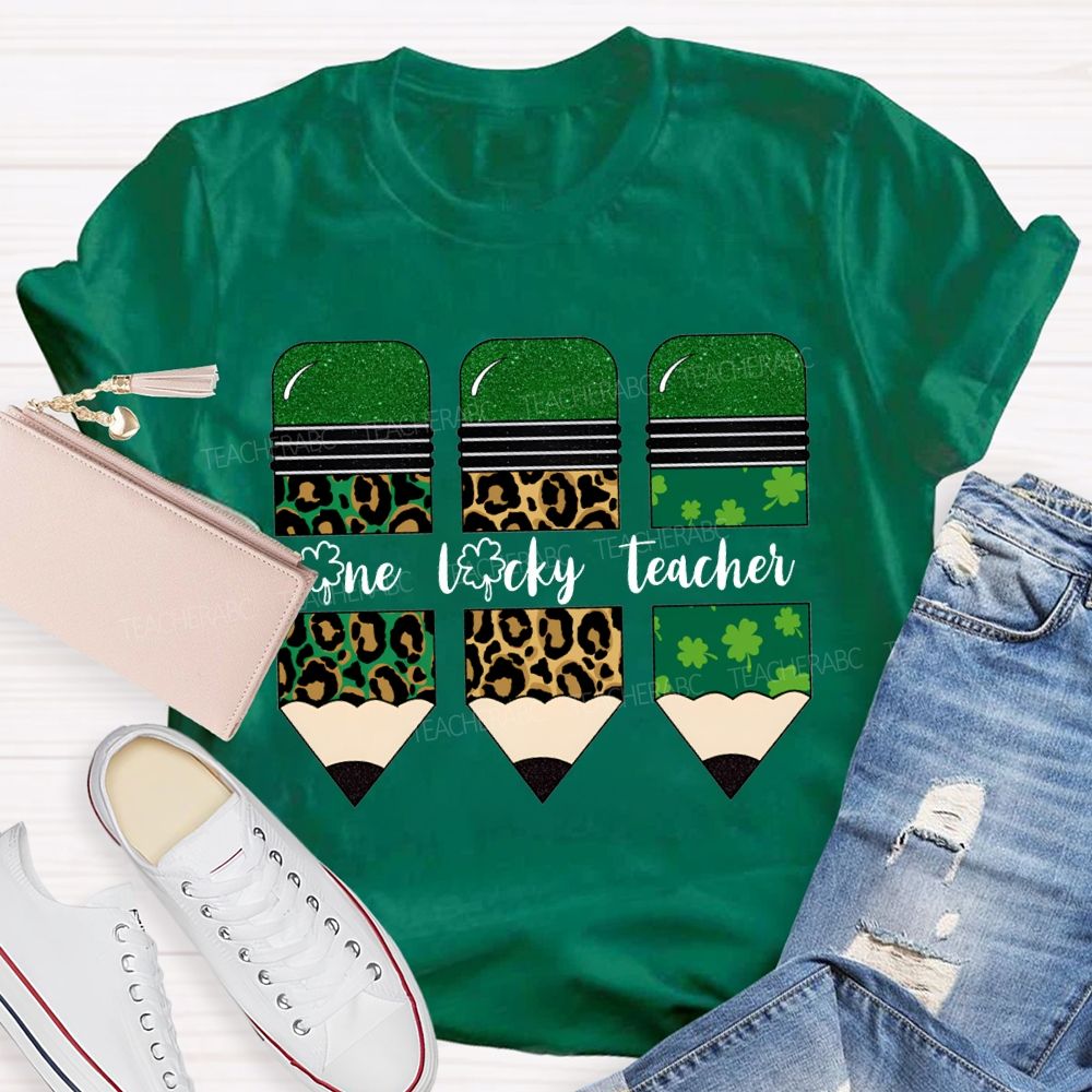 One Lucky Teacher Leopard Print Pencils And Four-Leaf Clover Pencils Teacher T-shirt