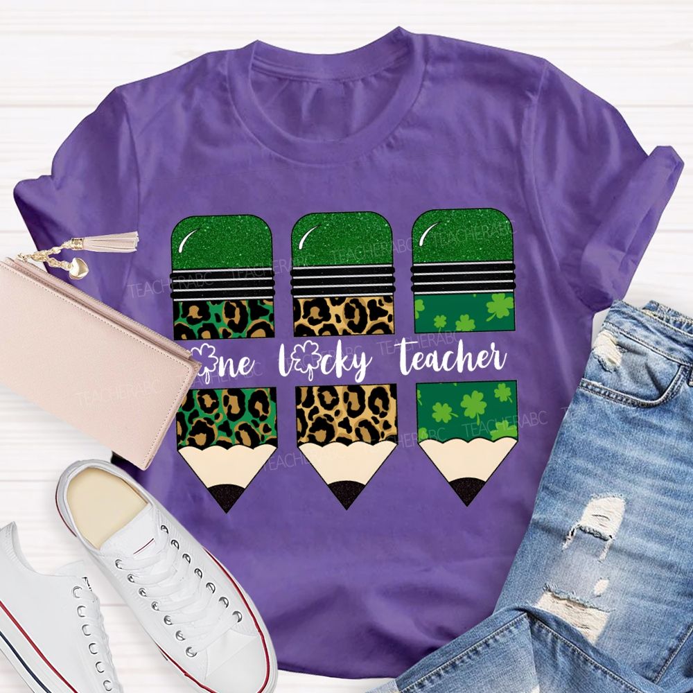 One Lucky Teacher Leopard Print Pencils And Four-Leaf Clover Pencils Teacher T-shirt