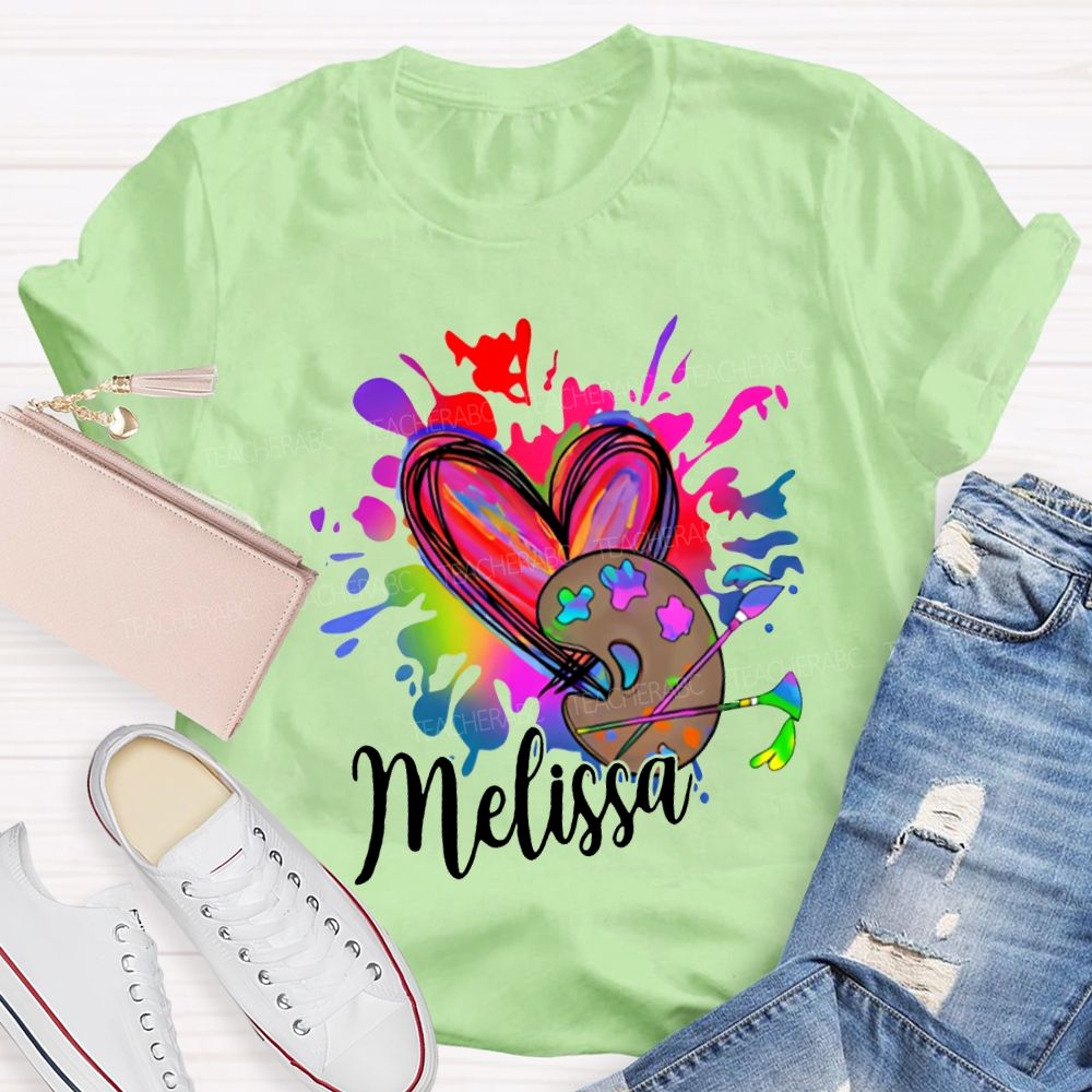 Personalized Name Colorful Tie-Dyed Hearts And Dyeing Trays Art Teacher T-shirt