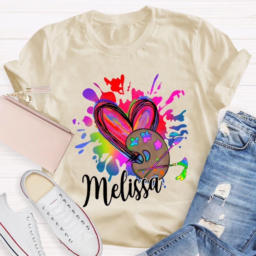 Personalized Name Colorful Tie-Dyed Hearts And Dyeing Trays Art Teacher T-shirt