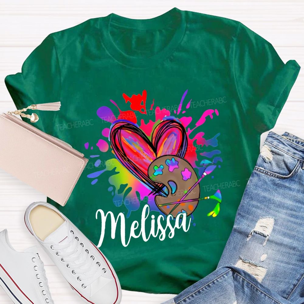Personalized Name Colorful Tie-Dyed Hearts And Dyeing Trays Art Teacher T-shirt