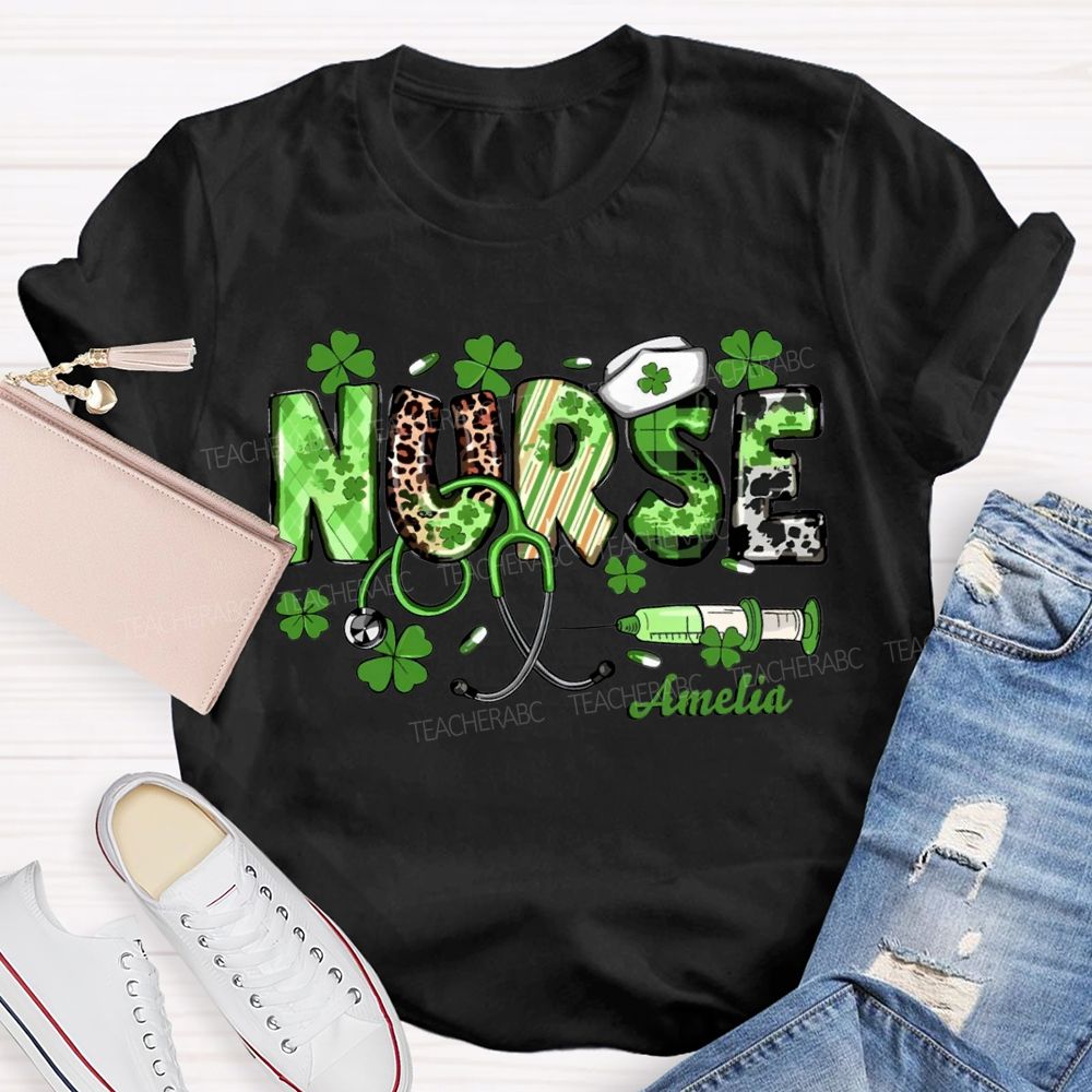 Personalized Name School Nurse Lucky Four-Leaf Clover And Nurse'S Cap Teacher T-shirt