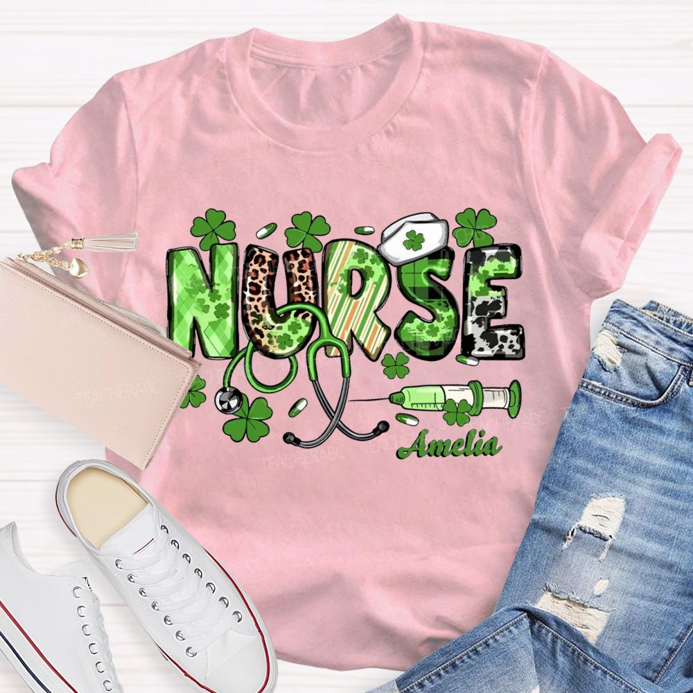 Personalized Name School Nurse Lucky Four-Leaf Clover And Nurse'S Cap Teacher T-shirt