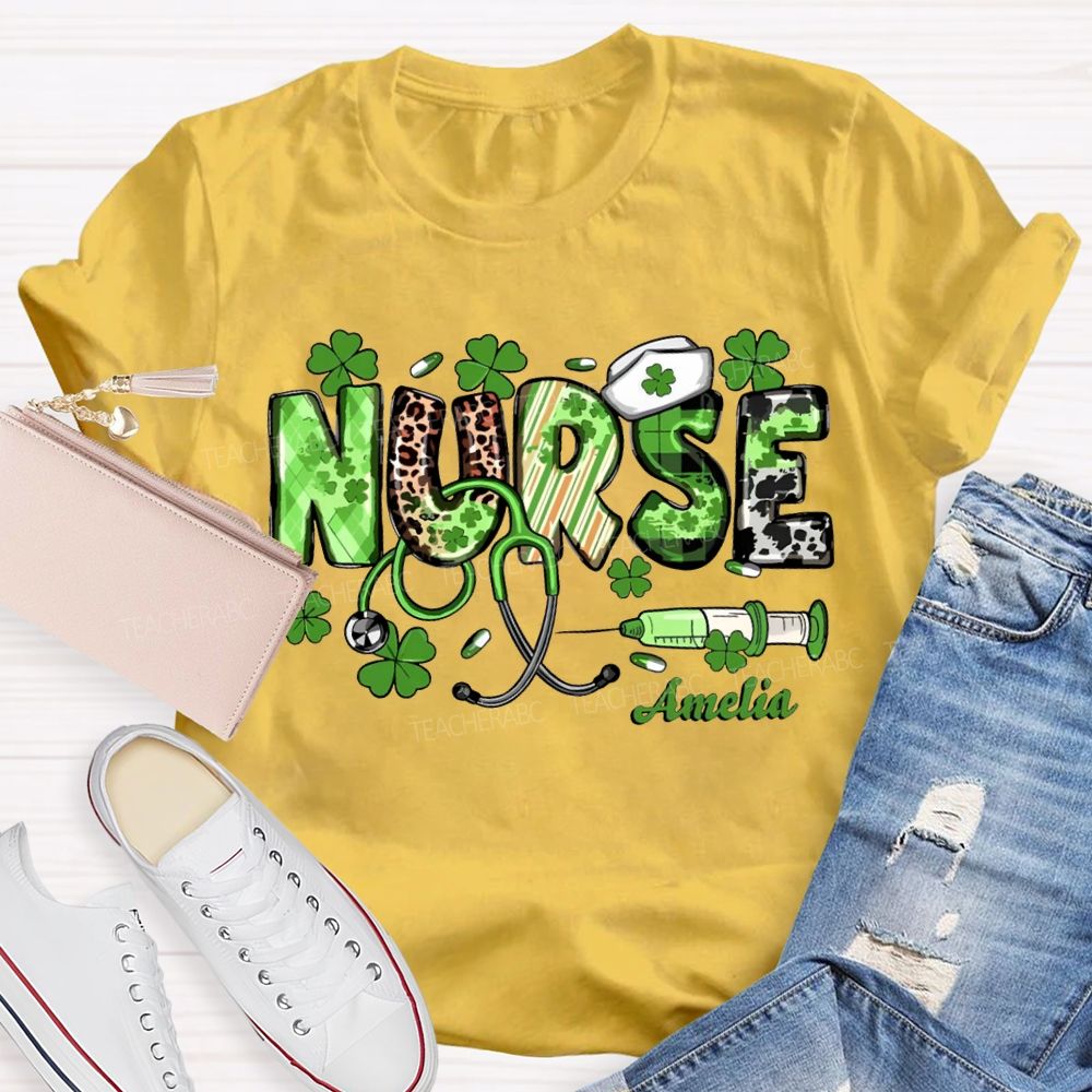 Personalized Name School Nurse Lucky Four-Leaf Clover And Nurse'S Cap Teacher T-shirt