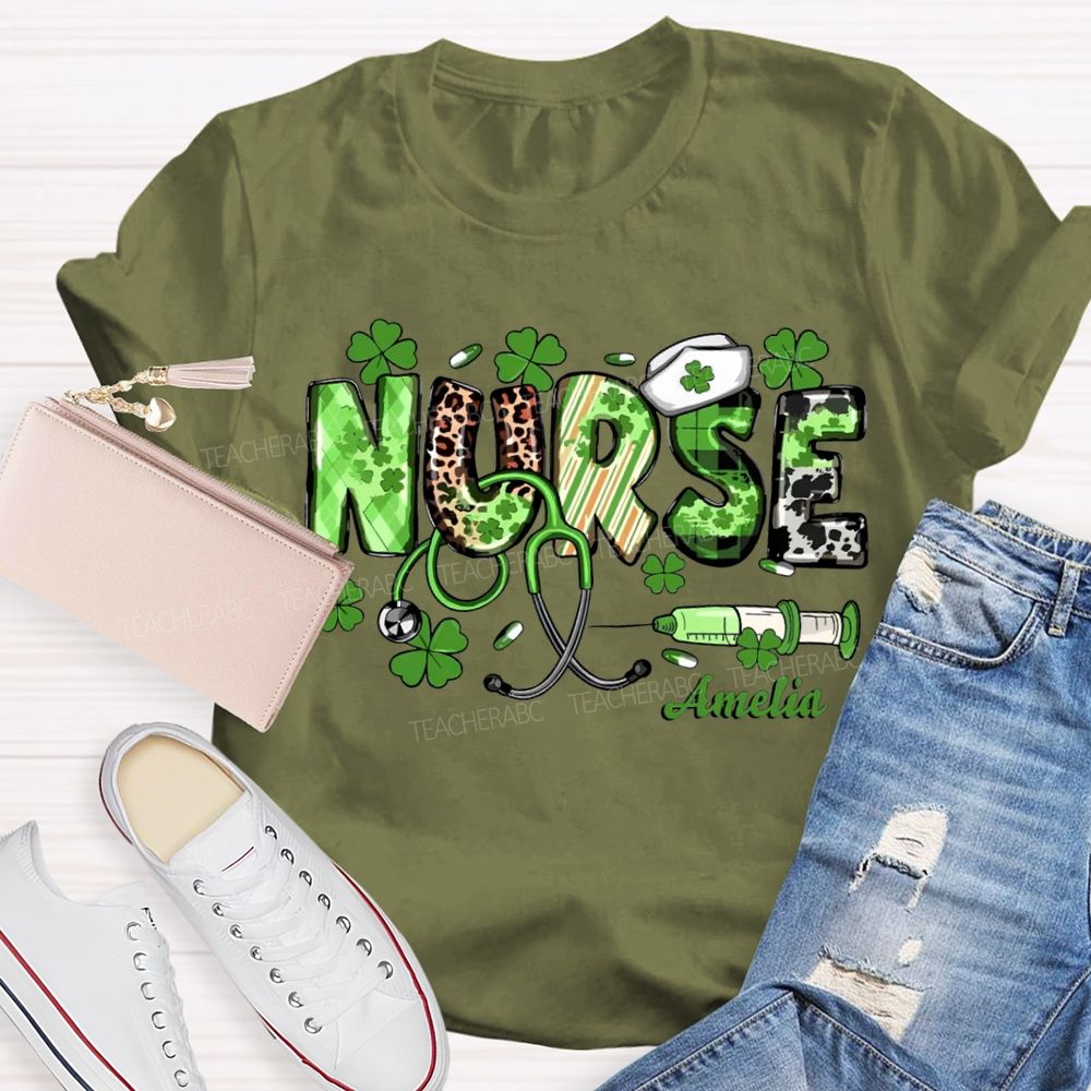 Personalized Name School Nurse Lucky Four-Leaf Clover And Nurse'S Cap Teacher T-shirt