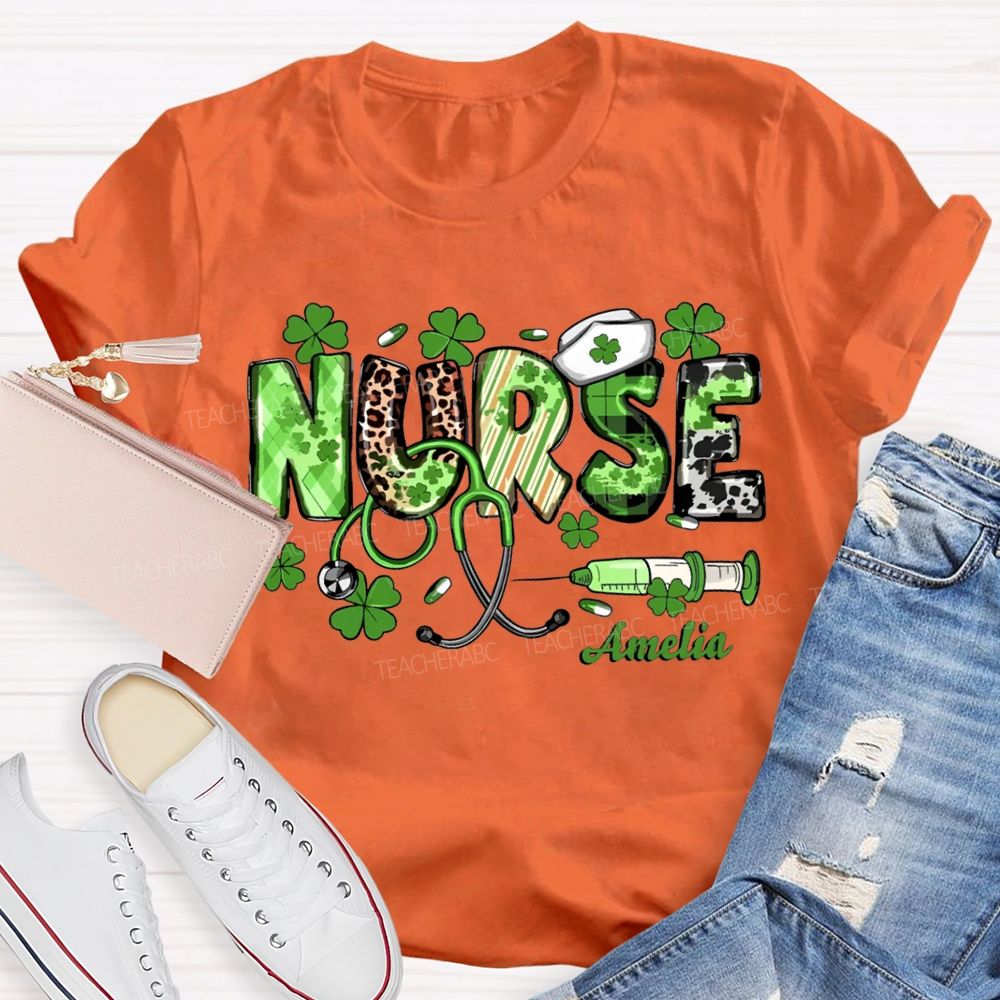 Personalized Name School Nurse Lucky Four-Leaf Clover And Nurse'S Cap Teacher T-shirt