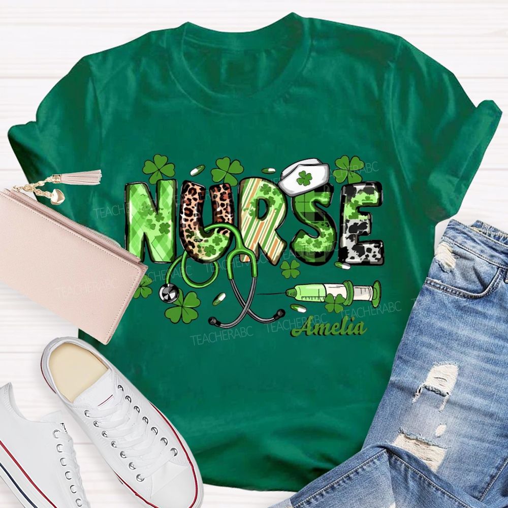 Personalized Name School Nurse Lucky Four-Leaf Clover And Nurse'S Cap Teacher T-shirt
