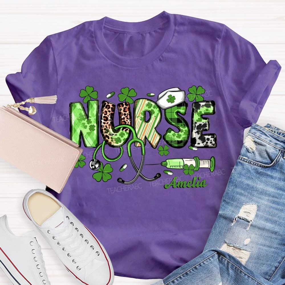 Personalized Name School Nurse Lucky Four-Leaf Clover And Nurse'S Cap Teacher T-shirt