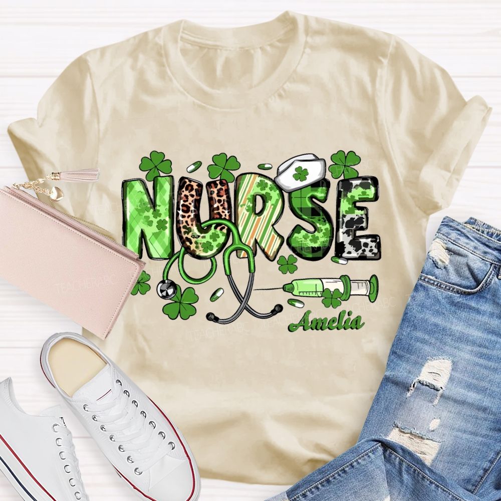 Personalized Name School Nurse Lucky Four-Leaf Clover And Nurse'S Cap Teacher T-shirt