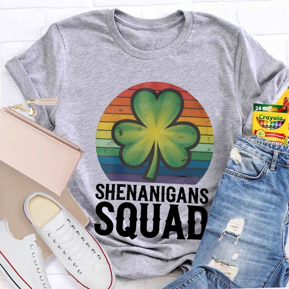 Shenanigans Squad Lucky Colorful Prints And Clover Leaves Teacher T-shirt