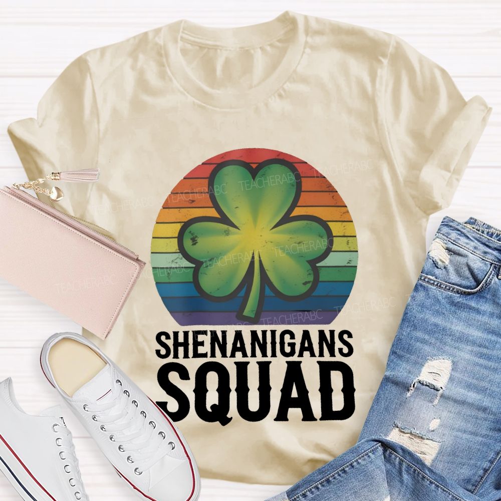 Shenanigans Squad Lucky Colorful Prints And Clover Leaves Teacher T-shirt