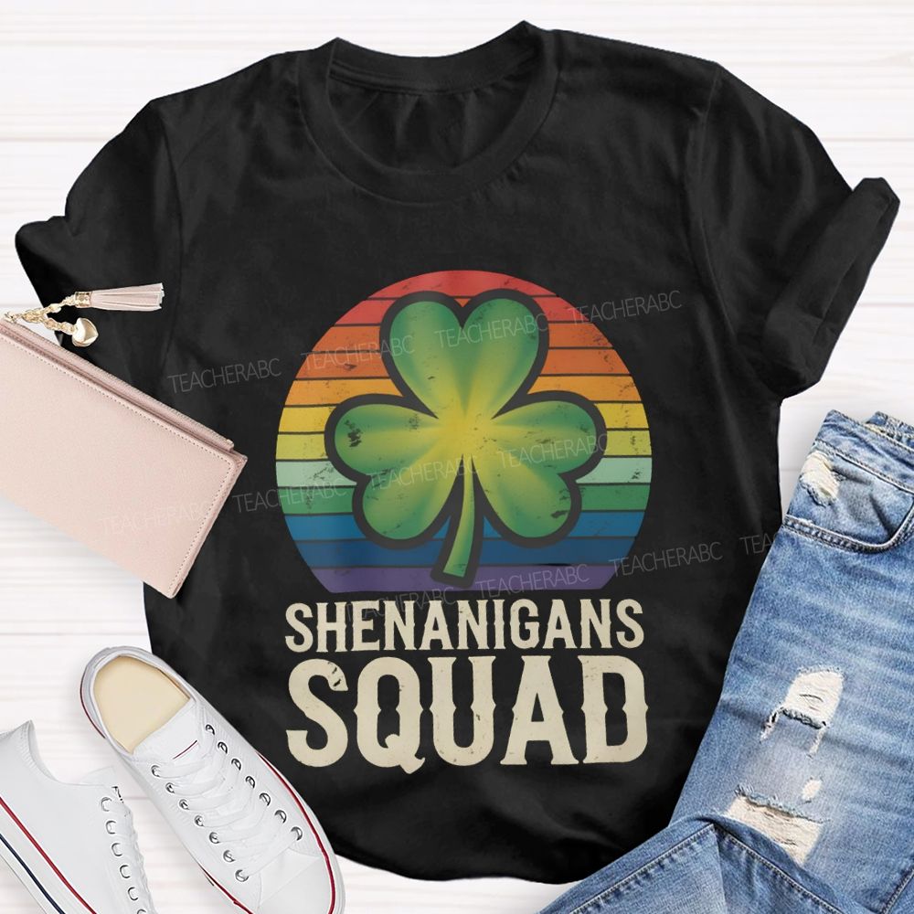 Shenanigans Squad Lucky Colorful Prints And Clover Leaves Teacher T-shirt