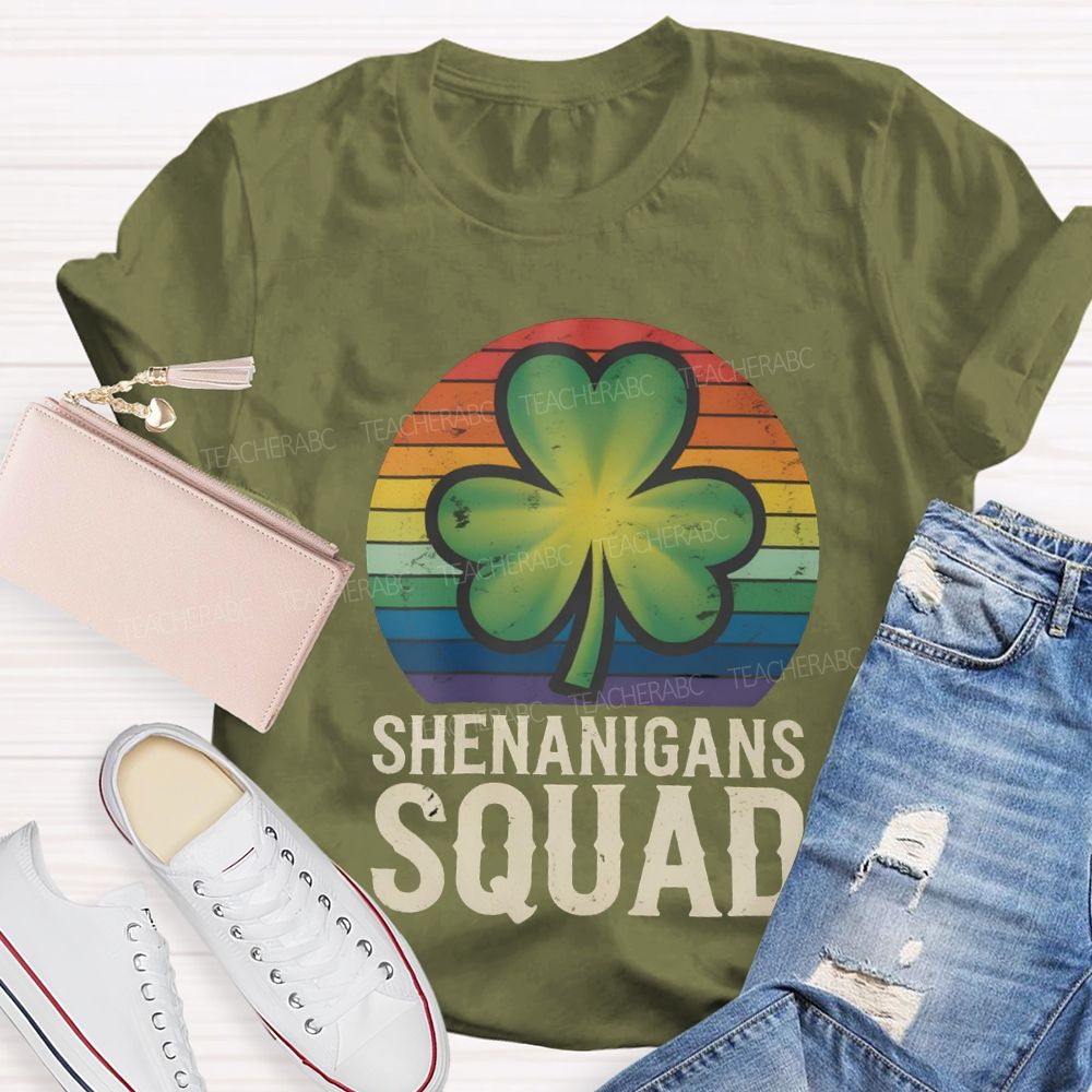 Shenanigans Squad Lucky Colorful Prints And Clover Leaves Teacher T-shirt
