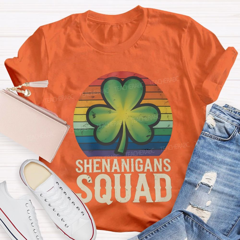 Shenanigans Squad Lucky Colorful Prints And Clover Leaves Teacher T-shirt