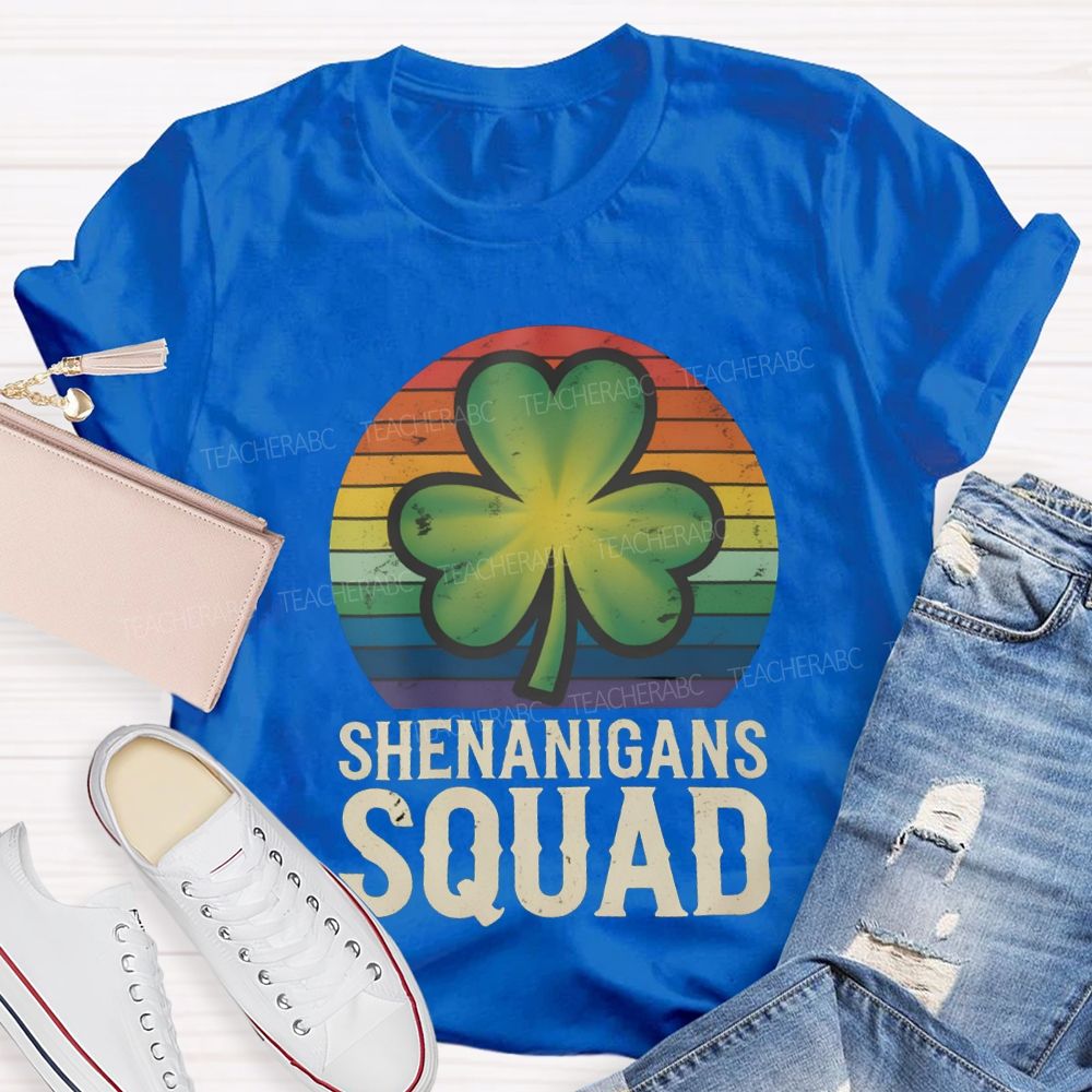 Shenanigans Squad Lucky Colorful Prints And Clover Leaves Teacher T-shirt