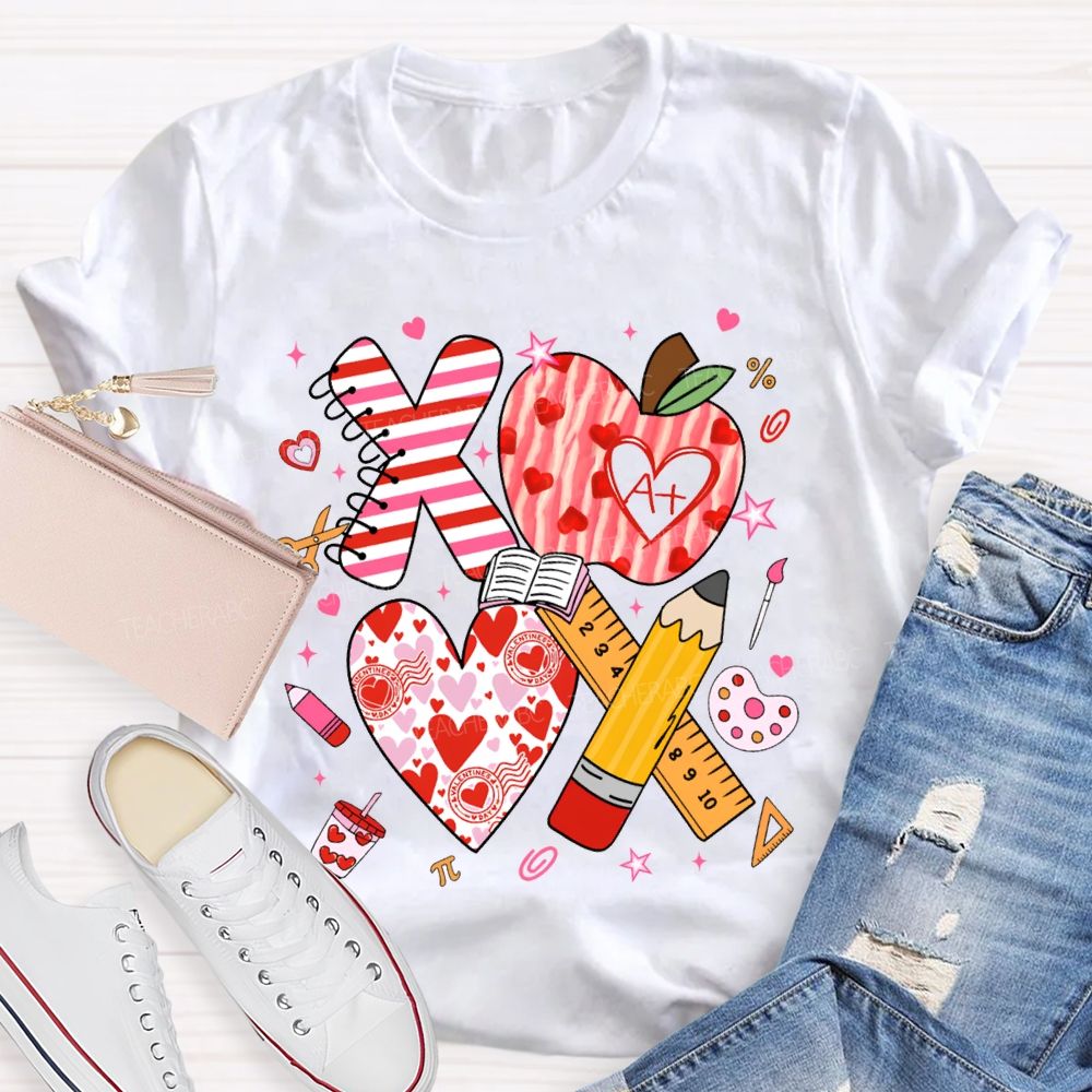 Apples And Hearts Ruler And Pencil Love Valentine'S Day Teacher T-shirt