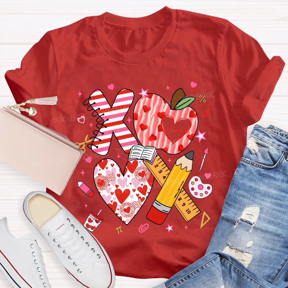 Apples And Hearts Ruler And Pencil Love Valentine'S Day Teacher T-shirt