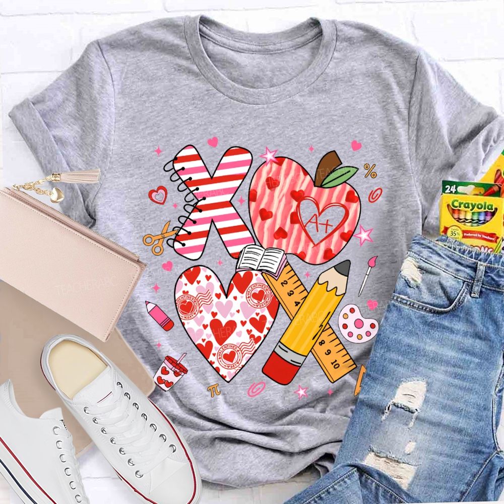 Apples And Hearts Ruler And Pencil Love Valentine'S Day Teacher T-shirt