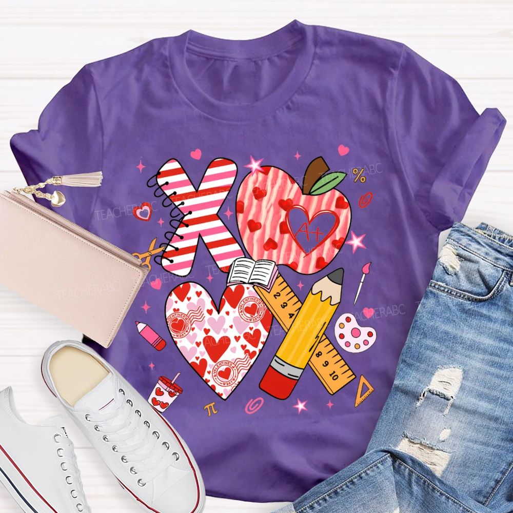 Apples And Hearts Ruler And Pencil Love Valentine'S Day Teacher T-shirt