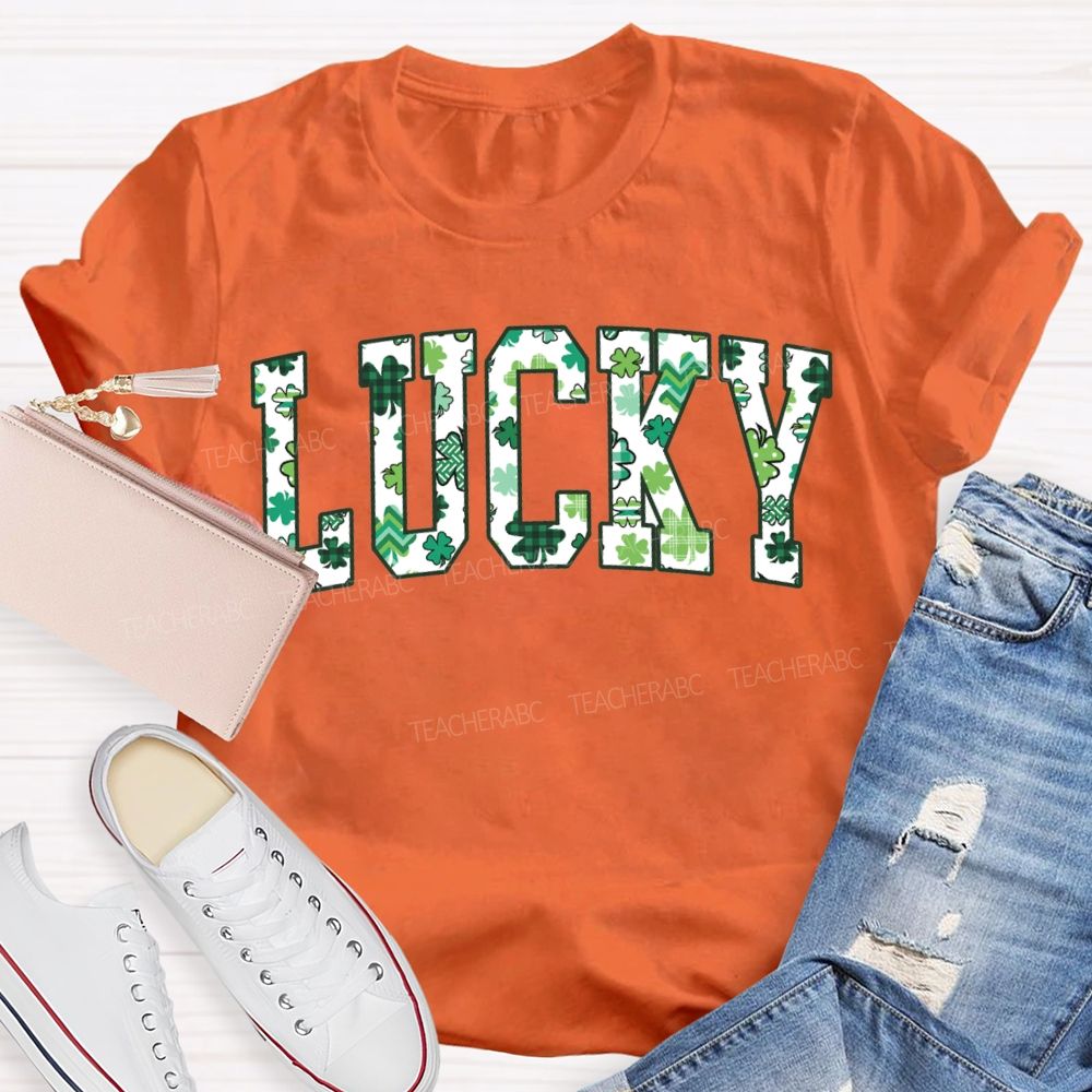 Lucky Clover And Four-Leaf Clover Fonts Teacher T-shirt