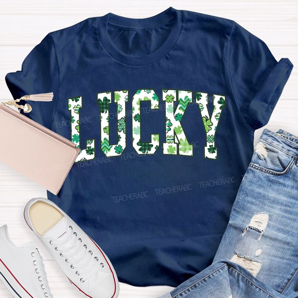 Lucky Clover And Four-Leaf Clover Fonts Teacher T-shirt