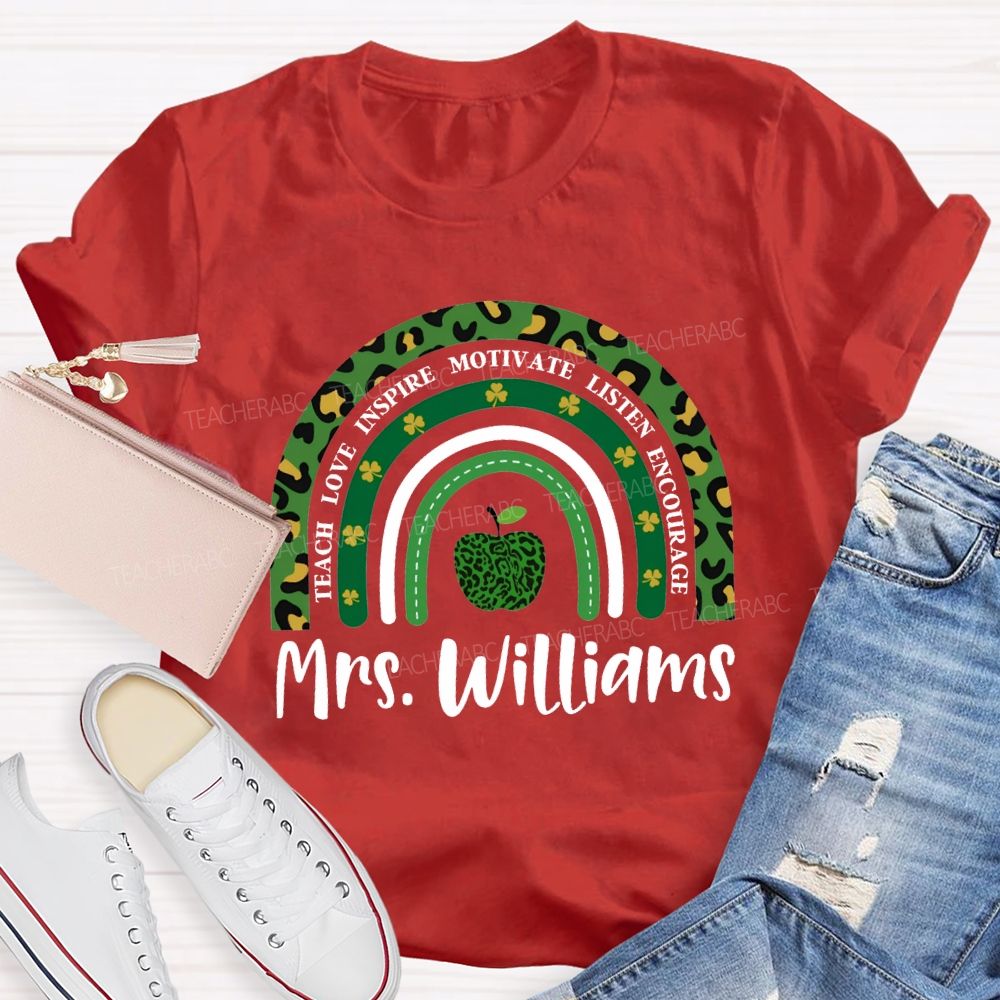 Personalized Name Teach Love Inspire Motivate Listen Encourage Lucky Clover And Apples T-shirt
