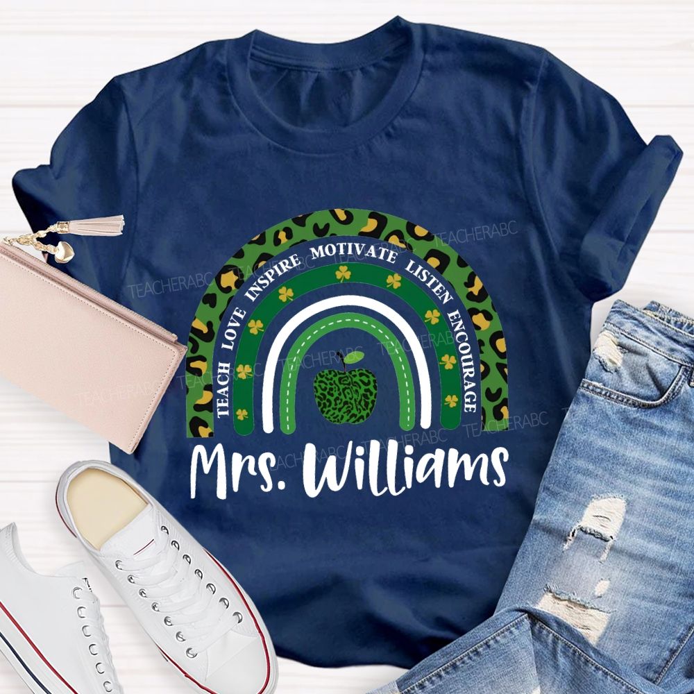 Personalized Name Teach Love Inspire Motivate Listen Encourage Lucky Clover And Apples T-shirt