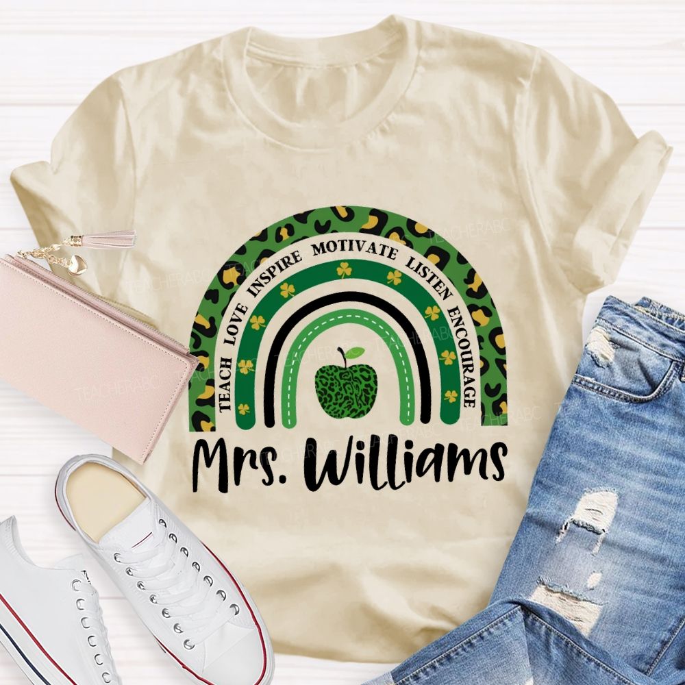 Personalized Name Teach Love Inspire Motivate Listen Encourage Lucky Clover And Apples T-shirt
