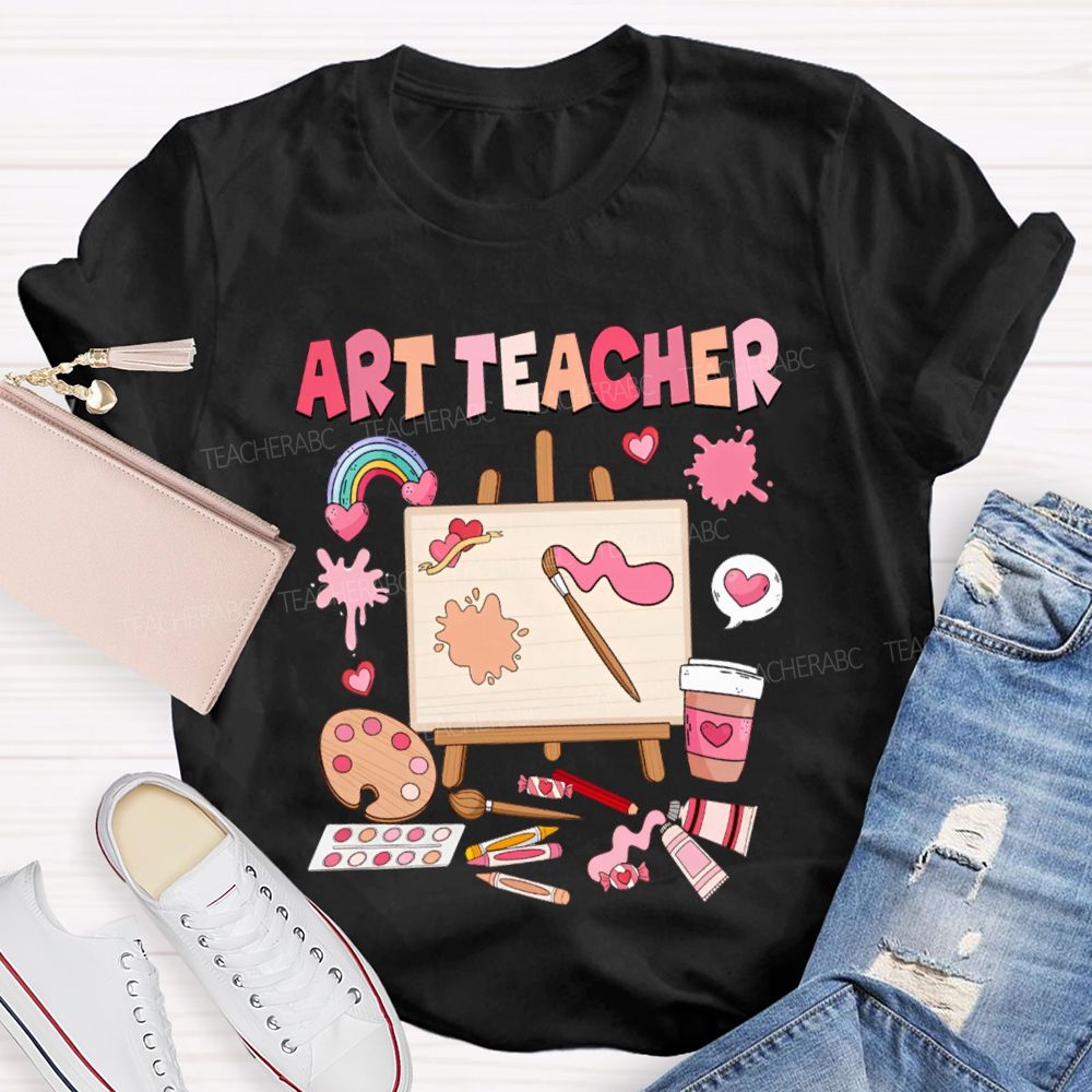 Art Teacher Rainbow Hearts And A Paint Palette Teacher T-shirt