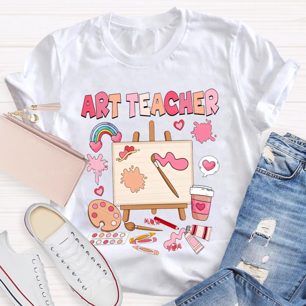 Art Teacher Rainbow Hearts And A Paint Palette Teacher T-shirt