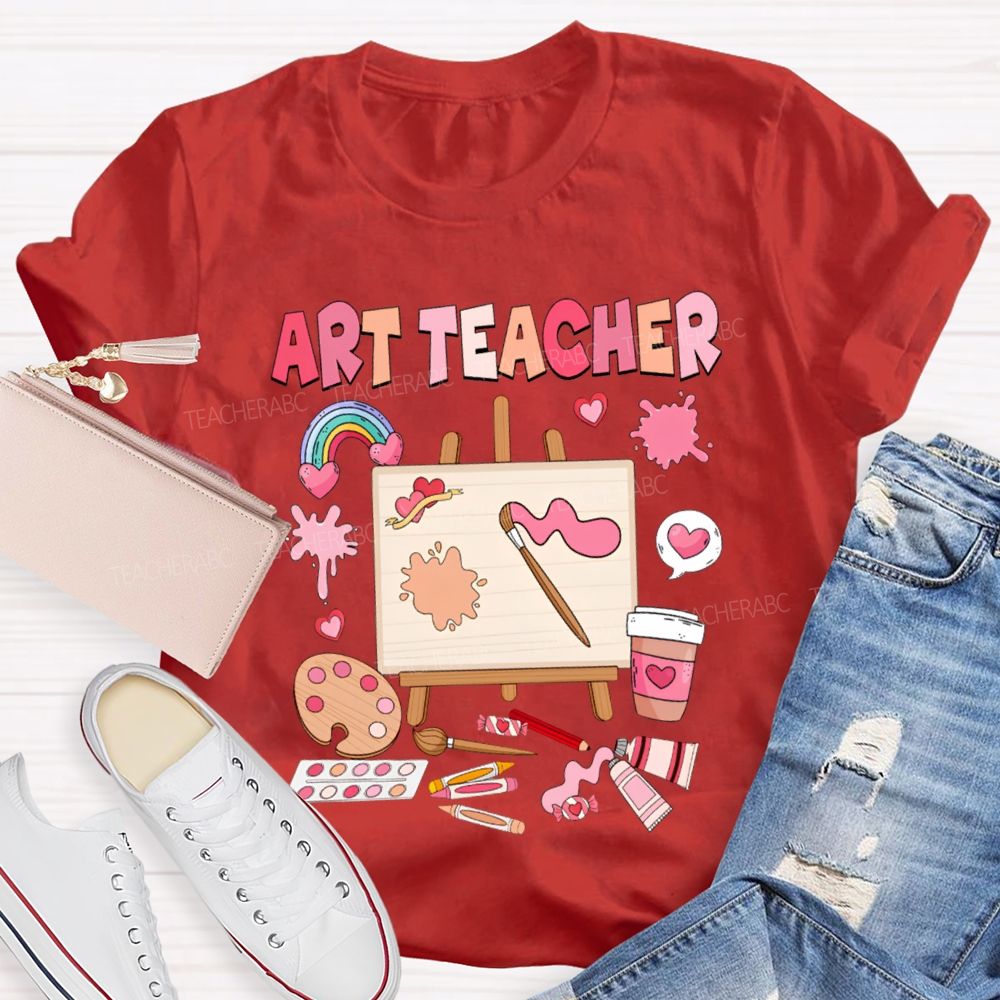 Art Teacher Rainbow Hearts And A Paint Palette Teacher T-shirt