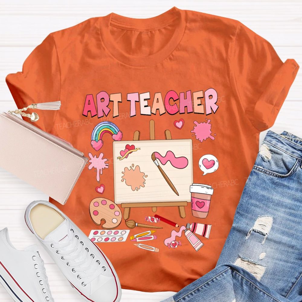 Art Teacher Rainbow Hearts And A Paint Palette Teacher T-shirt