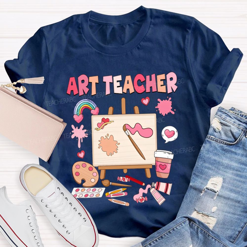 Art Teacher Rainbow Hearts And A Paint Palette Teacher T-shirt