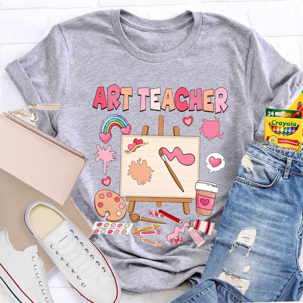 Art Teacher Rainbow Hearts And A Paint Palette Teacher T-shirt