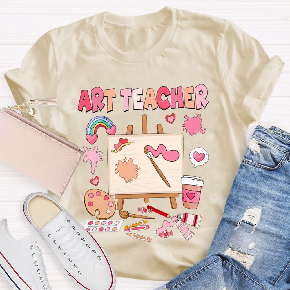 Art Teacher Rainbow Hearts And A Paint Palette Teacher T-shirt