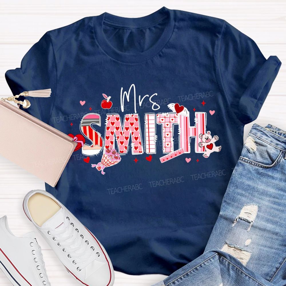 Personalized Name Apple And Heart-Shaped Fonts Teacher T-shirt