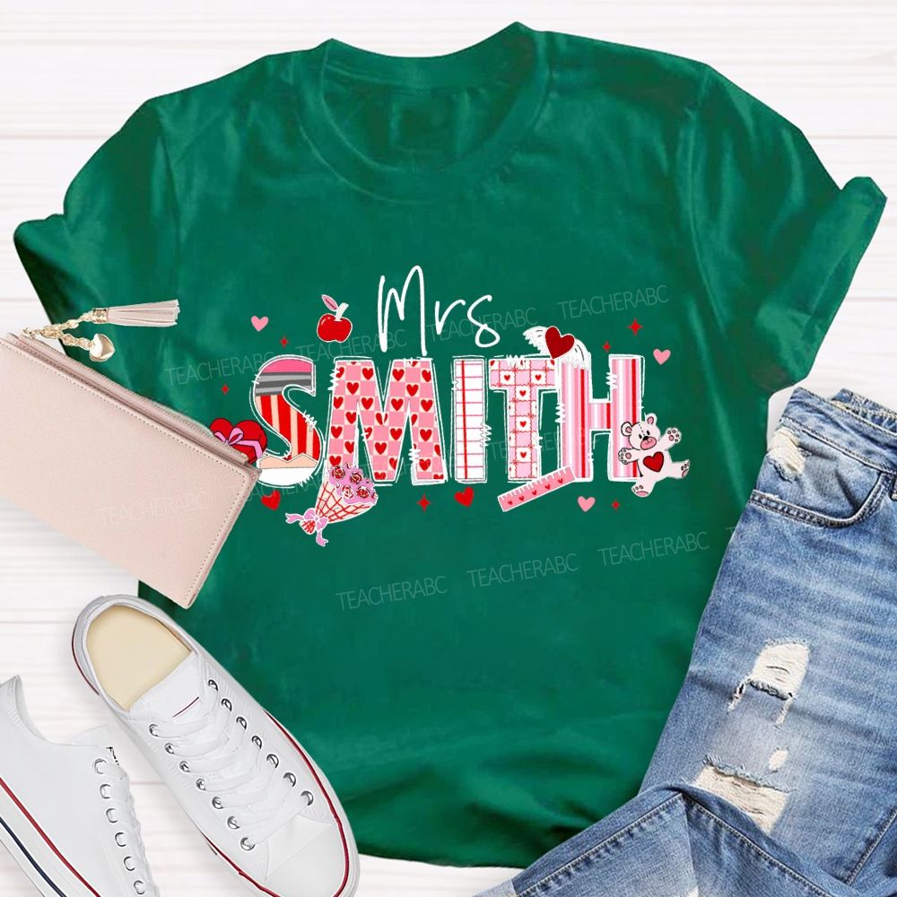 Personalized Name Apple And Heart-Shaped Fonts Teacher T-shirt