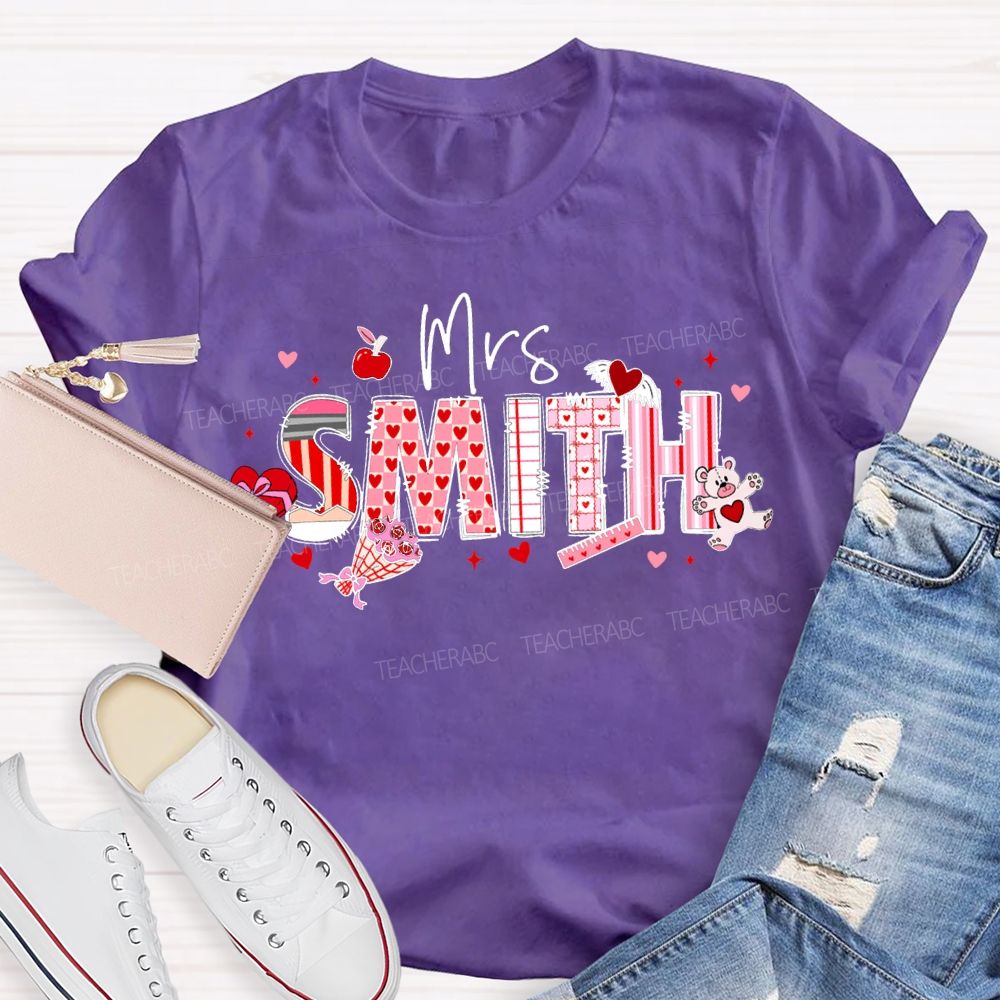 Personalized Name Apple And Heart-Shaped Fonts Teacher T-shirt