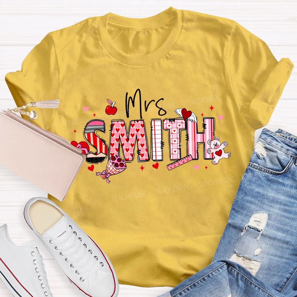 Personalized Name Apple And Heart-Shaped Fonts Teacher T-shirt