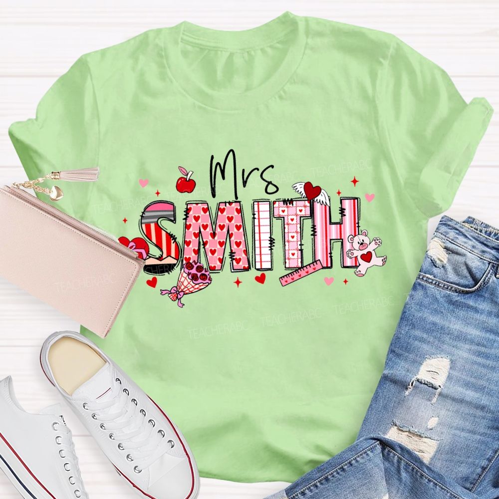 Personalized Name Apple And Heart-Shaped Fonts Teacher T-shirt