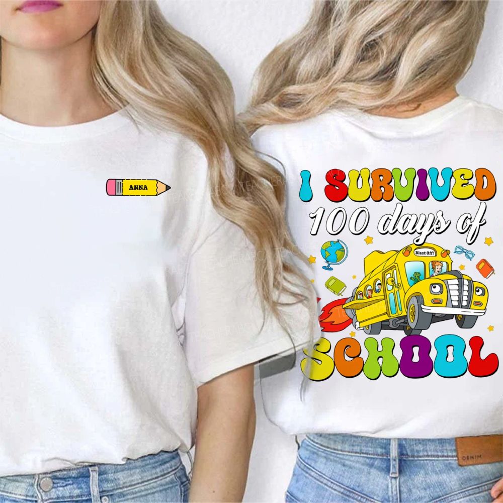 Personalized Name I Survived 100 Days Of School Double Printed T-shirt