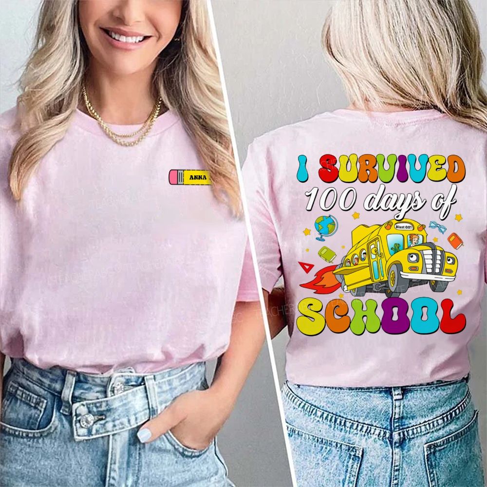 Personalized Name I Survived 100 Days Of School Double Printed T-shirt