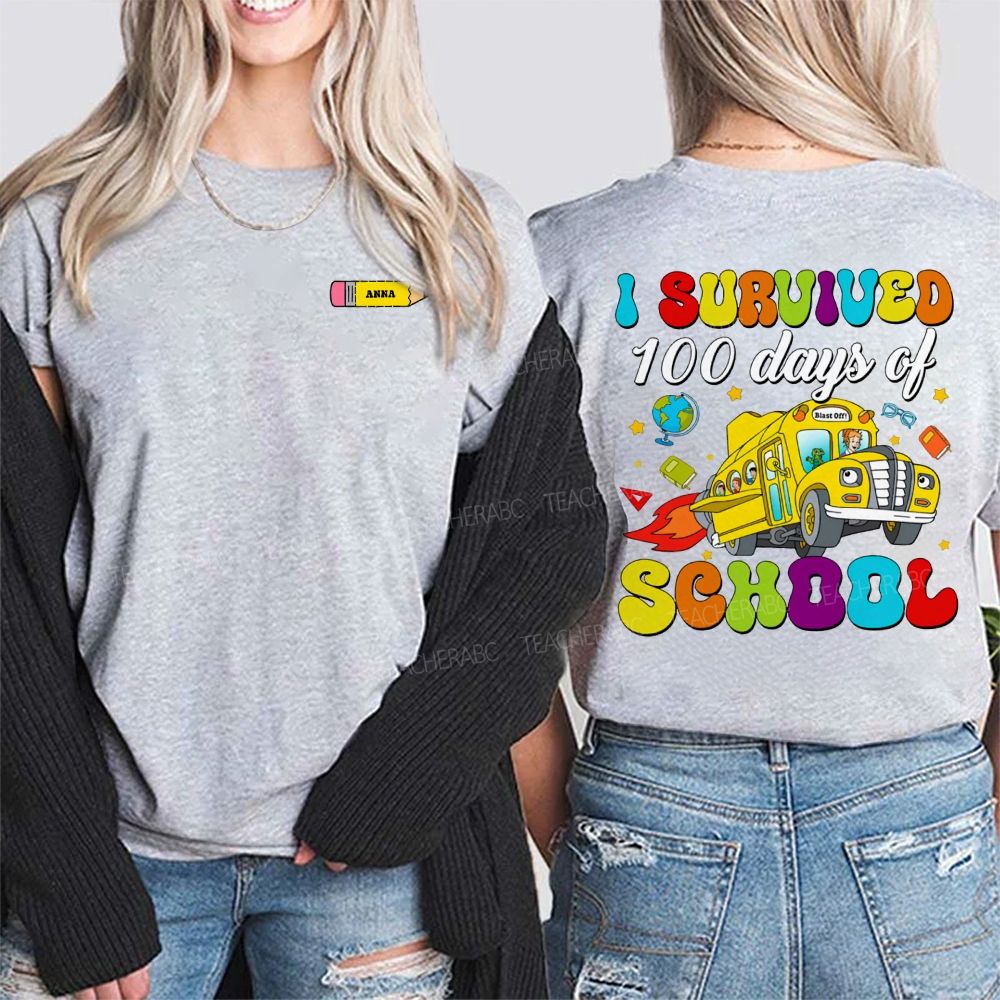Personalized Name I Survived 100 Days Of School Double Printed T-shirt