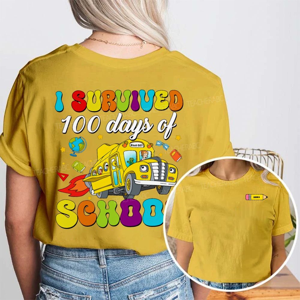 Personalized Name I Survived 100 Days Of School Double Printed T-shirt