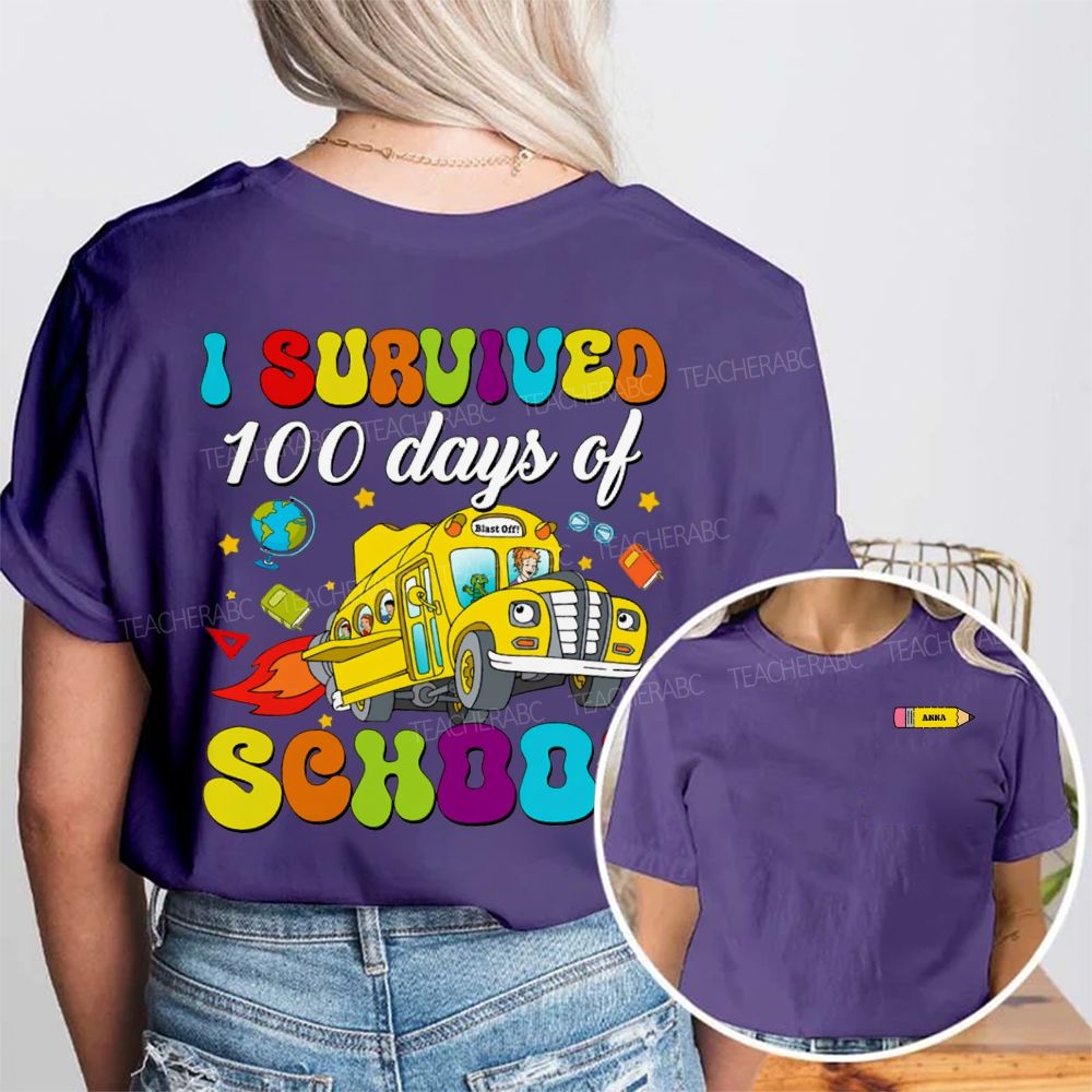 Personalized Name I Survived 100 Days Of School Double Printed T-shirt